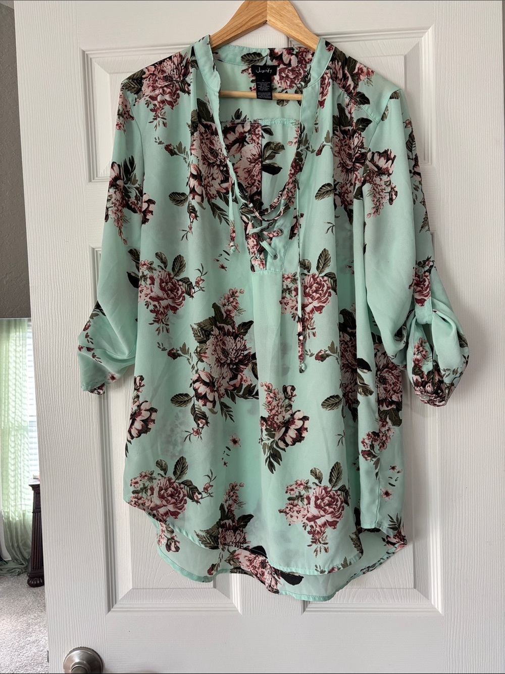 Justify Mint Floral Lace-Up Tunic Top